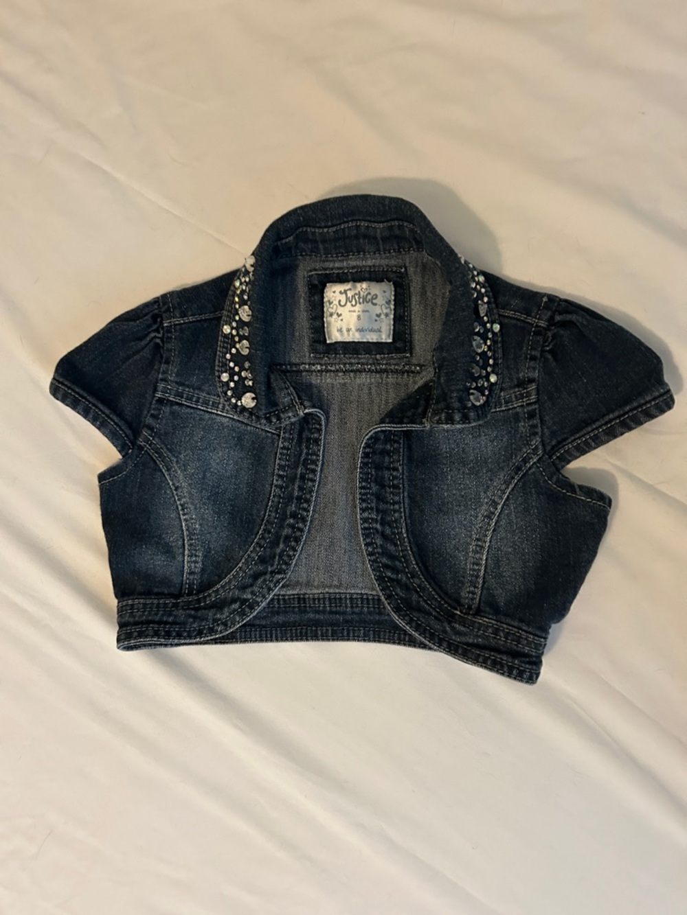 Justice Dark Wash Denim Cropped Bolero with Rhinestone Collar Girl’s 
Size 8